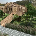 Dome Shaped Wooden House With Wooden Stairs Stone Path And Lush Greenery