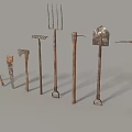 Vintage Agricultural Tools Collection Featuring Shovels Rakes Axes And Hoes With Wooden Handles