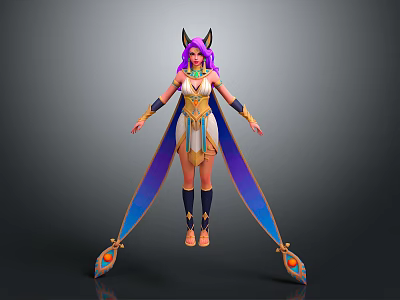 Ancient Egyptian Themed Game Character With Purple Hair And Winged Cape 3d model