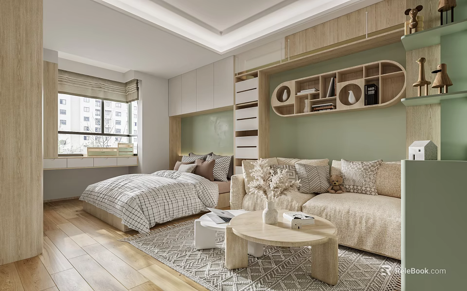 Modern Studio Apartment with Sofa Bed Bookshelf Green Wall and Wooden Floor 3d model 
