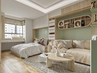 Modern Studio Apartment with Sofa Bed Bookshelf Green Wall and Wooden Floor 3d model