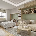 Modern Studio Apartment with Sofa Bed Bookshelf Green Wall and Wooden Floor