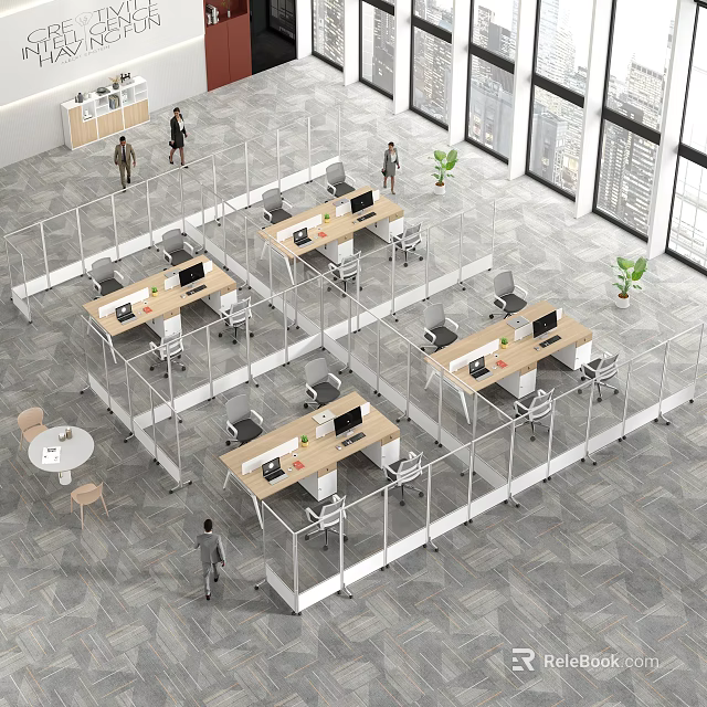 Modern Office With Cubicles Computer Workstations Desks Chairs People Walking Large Windows And Natural Light 3d model 