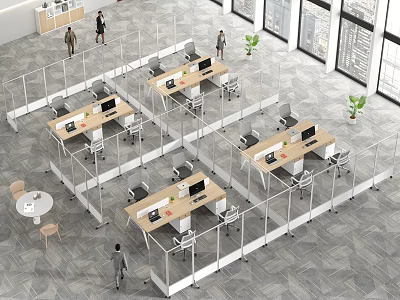 Modern Office With Cubicles Computer Workstations Desks Chairs People Walking Large Windows And Natural Light 3d model