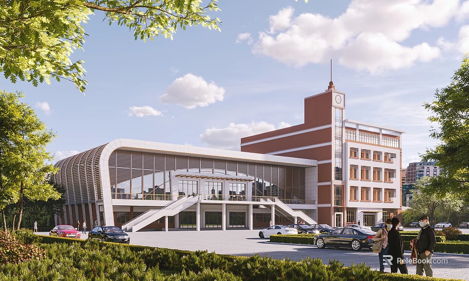 Modern School Building With Glass Facade Red Brick Clock Tower Green Trees And Parking Area 3d model 