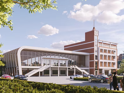 Modern School Building With Glass Facade Red Brick Clock Tower Green Trees And Parking Area 3d model