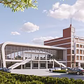 Modern School Building With Glass Facade Red Brick Clock Tower Green Trees And Parking Area