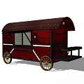 Red Food Cart With Brown Tiled Roof White Stripes And Yellow Wheels
