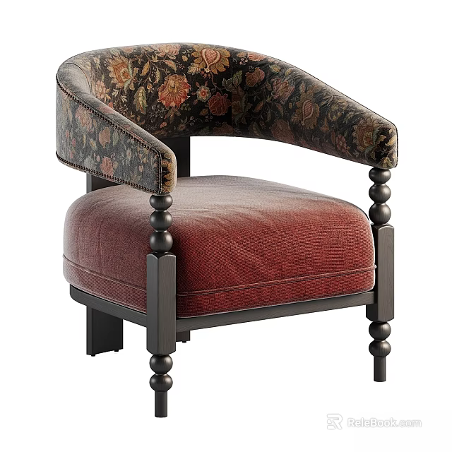 Elegant Accent Chair With Floral Pattern Armrests Red Upholstered Seat And Black Turned Legs 3d model 