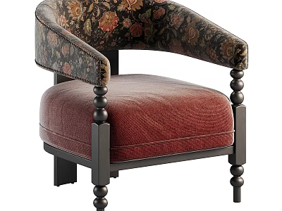 Elegant Accent Chair With Floral Pattern Armrests Red Upholstered Seat And Black Turned Legs 3d model