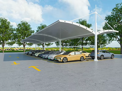 Parking Lot With White Membrane Structure Canopy Parked Cars Surrounding Trees And Blue Sky Background 3d model