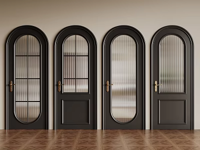 Black Security Doors With Arched Design Glass Panels And Brass Handles In Modern Interior 3d model