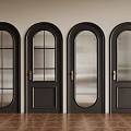 Black Security Doors With Arched Design Glass Panels And Brass Handles In Modern Interior