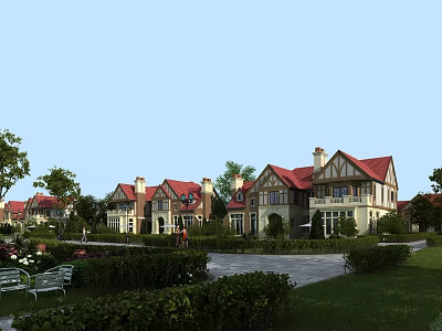 Red Roofed Detached Villa Exterior With Lush Greenery Lawn And Trees 3d model