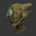 Vintage Brass Steampunk Helmet With Mechanical Gears Green Lens And Metal Base