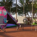 Garden Landscape Featuring Pink Tent Wooden Deck Chairs Trees And String Lights On Grass