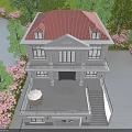 Two Story Detached Villa With Balcony Garage Front Staircase Pink Flowering Trees And Mountain View