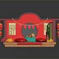 Traditional Chinese Interior With Red Archway Folding Screen Lanterns And Fortune Character