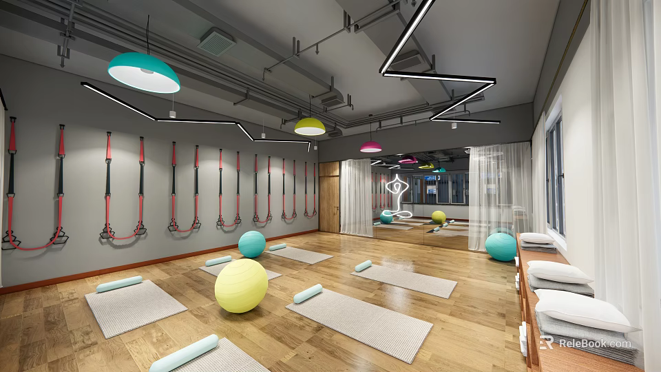 Modern Indoor Fitness Studio With Yoga Mats Fitness Balls And Suspension Straps 3d model 
