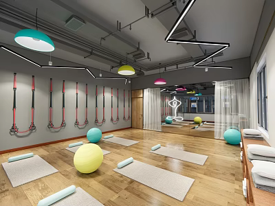 Modern Indoor Fitness Studio With Yoga Mats Fitness Balls And Suspension Straps 3d model