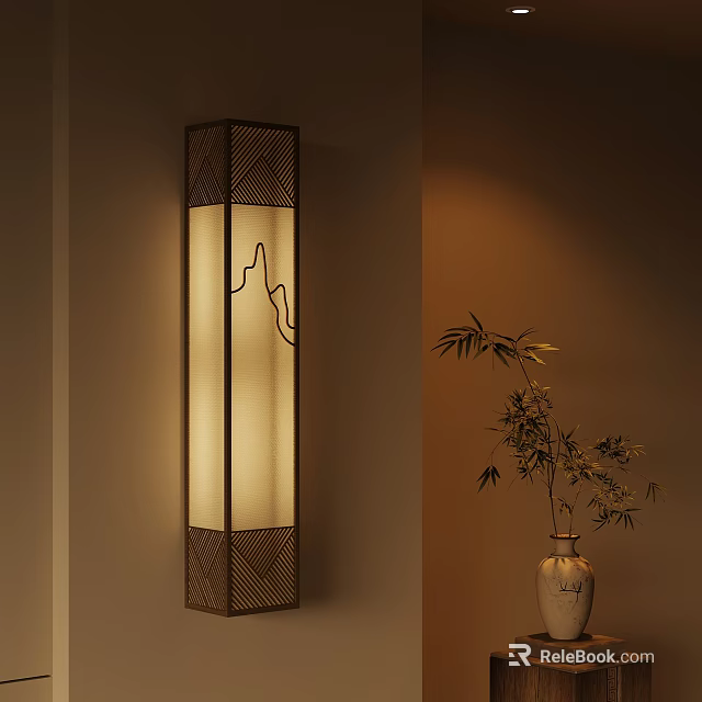 Modern Decorative Elements With Mountain Pattern Wall Lamp And Bamboo In Vase 3d model
