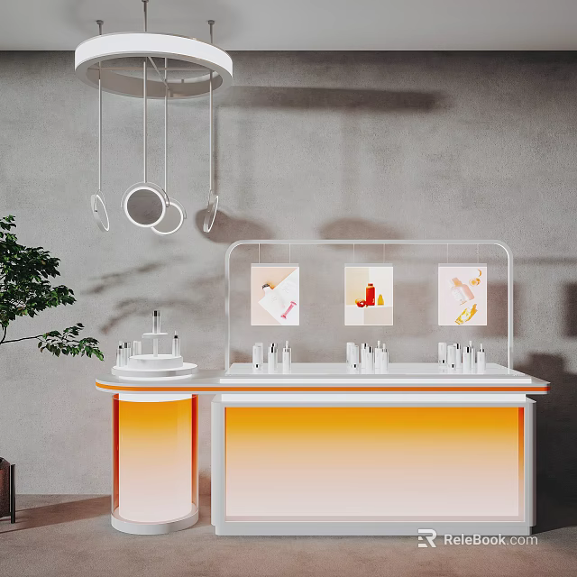 Modern Display Shelf With White Countertop Orange Lighting Cosmetics And Transparent Picture Board 3d model 