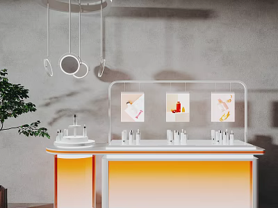 Modern Display Shelf With White Countertop Orange Lighting Cosmetics And Transparent Picture Board 3d model