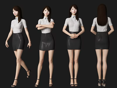 Woman in White Shirt and Black Leather Skirt with High Heels from Multiple Angles 3d model