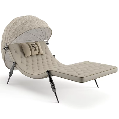 Beige Lounge Chair With Canopy Quilted Surface Decorative Pillows And Metal Frame 3d model