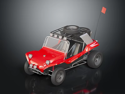 Red Open Top Dune Buggy With Roof Rack Spare Tire Headlights And Small Flag 3d model