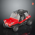 Red Open Top Dune Buggy With Roof Rack Spare Tire Headlights And Small Flag