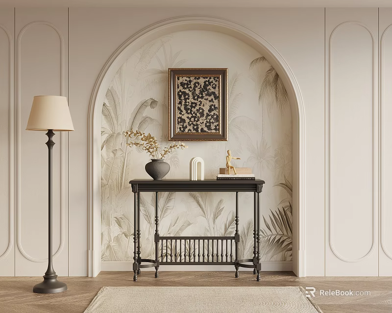 Elegant Entryway Console Table With Arched Doorway Wall Art Floor Lamp Vase Decorations And Rug 3d model 