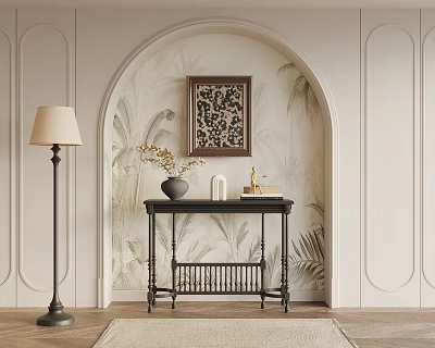 Elegant Entryway Console Table With Arched Doorway Wall Art Floor Lamp Vase Decorations And Rug 3d model
