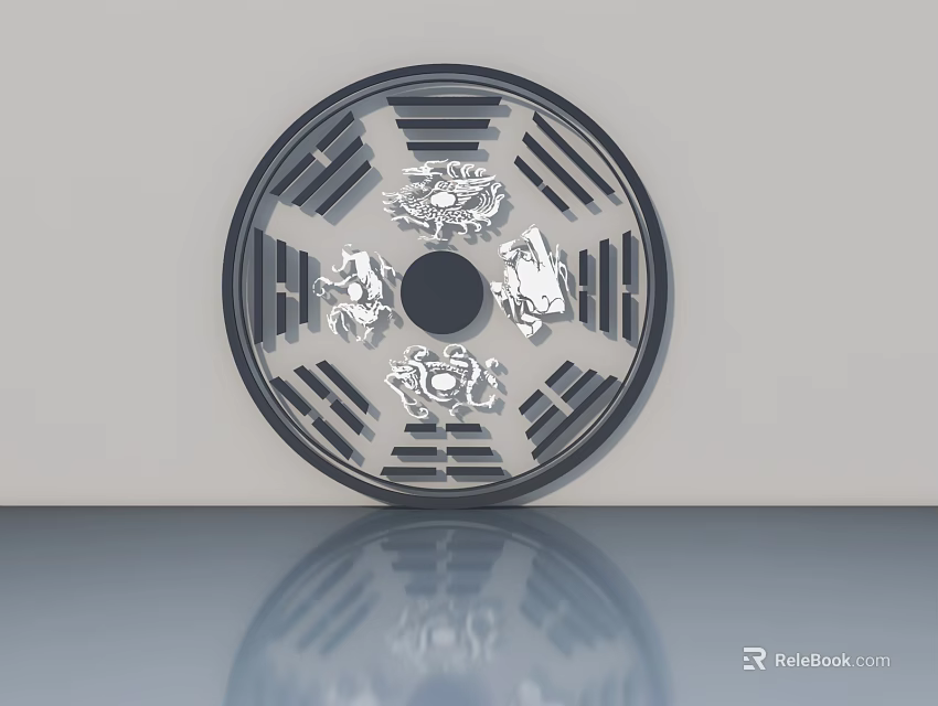 Round Decorative Object With Animal Motifs Central Black Circle And Reflection 3d model