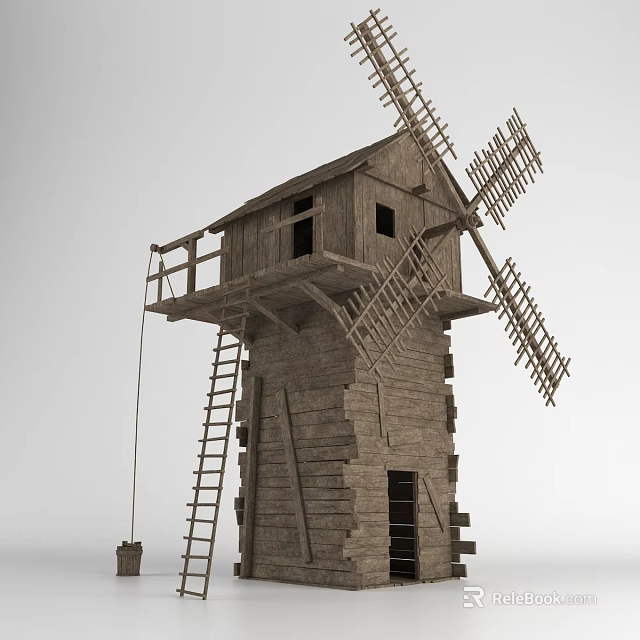 Wooden Windmill Architectural Components With Blades Ladder And Platform Structure 3d model 