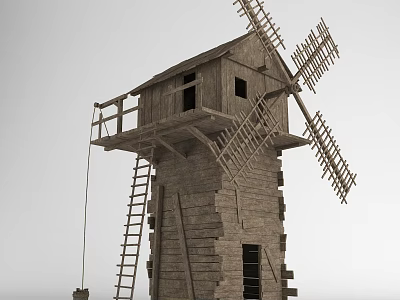 Wooden Windmill Architectural Components With Blades Ladder And Platform Structure 3d model