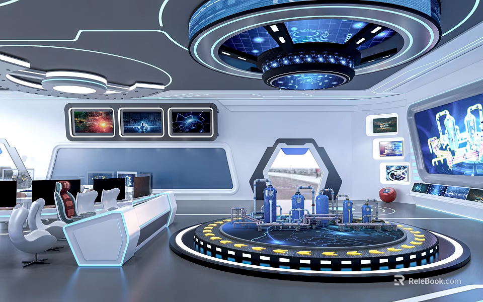 Futuristic Hi Tech Control Room With Multiple Screens And Circular Platform 3d model