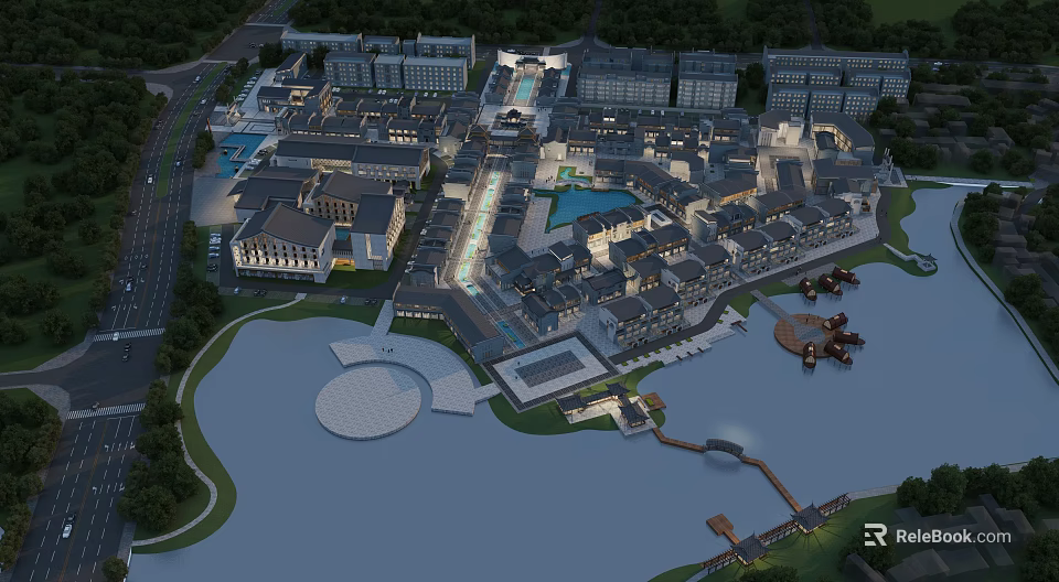 Waterfront Commercial Street With Modern Architecture Plaza Landscaped Areas And Pedestrian Walkways 3d model 