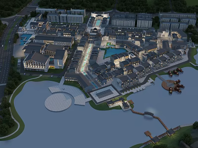 Waterfront Commercial Street With Modern Architecture Plaza Landscaped Areas And Pedestrian Walkways 3d model