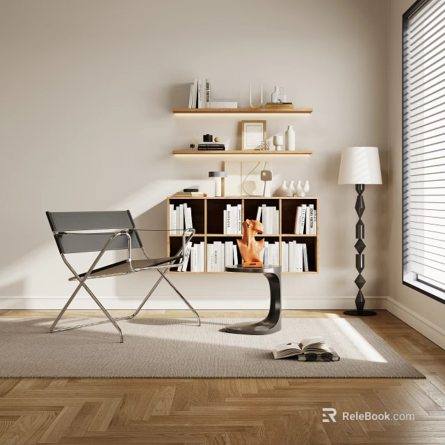Modern Leisure Chair In Cozy Room With Wooden Bookshelf Books Decorative Items And Floor Lamp 3d model 