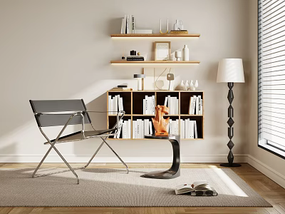 Modern Leisure Chair In Cozy Room With Wooden Bookshelf Books Decorative Items And Floor Lamp 3d model