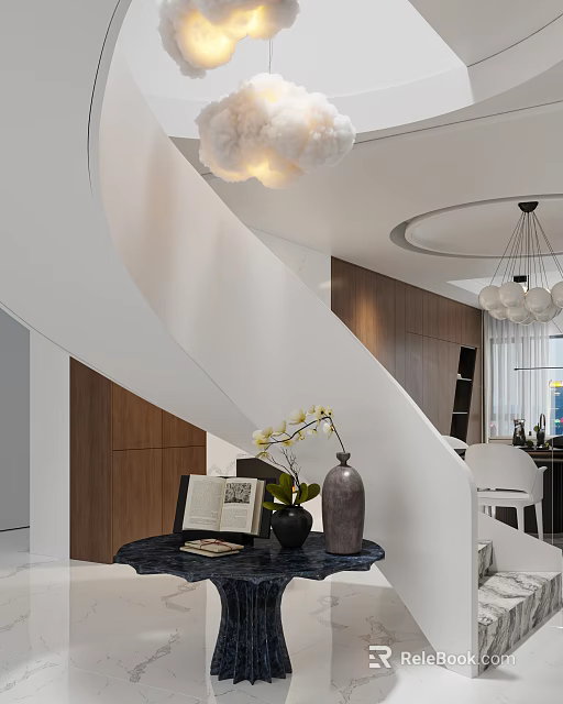 Modern Interior Design With Spiral Staircase Wooden Cabinets And Decorative Vase 3d model 
