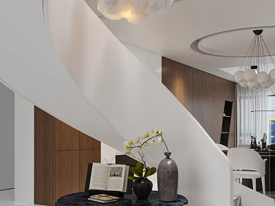 Modern Interior Design With Spiral Staircase Wooden Cabinets And Decorative Vase 3d model