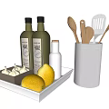 Kitchen Utensils Set With Wooden Spoons Spatula Slotted Turner In Metal Holder Tray Lemon Garlic