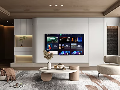 Modern TV Wall Design In Living Room With Mounted Flat Screen And Decorative Shelves 3d model