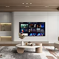 Modern TV Wall Design In Living Room With Mounted Flat Screen And Decorative Shelves