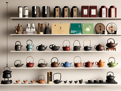Variety of Tea Sets Display with Colorful Teapots Cups and Tea Canisters on Shelves 3d model