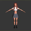3D Character With Red Hair White Crop Top Blue Pleated Skirt Gray Boots Arms Outstretched