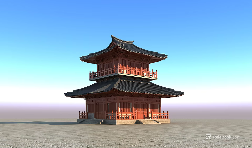 Ancient Chinese Architecture With Two Story Red Wooden Structure Overhanging Eaves And Black Tiles 3d model 