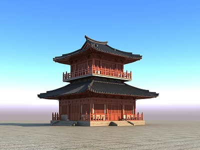 Ancient Chinese Architecture With Two Story Red Wooden Structure Overhanging Eaves And Black Tiles 3d model